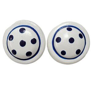 JGD White Blue Polka Dot Round Wood Button Clip-On Earrings